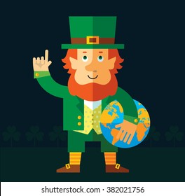 Leprechaun holding a globe and making attention gesture with forefinger . Flat style vector illustration   Symbol Saint Patrick's Day