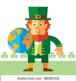 Leprechaun holding a globe and waving hand. Flat style vector illustration   Symbol Saint Patrick's Day