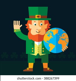 Leprechaun holding a globe and waving hand. Flat style vector illustration   Symbol Saint Patrick's Day