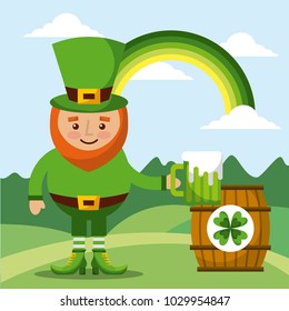 leprechaun holding green beer and barrel rainbow landscape