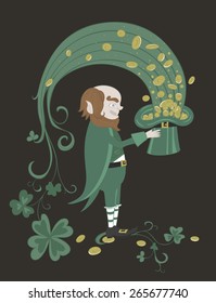 Leprechaun holding a green hat with gold coins. Illustration for St. Patrick's Day.