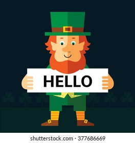 Leprechaun  holding a hello sign. Flat style vector illustration   Symbol Saint Patrick's Day
