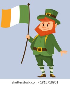 Leprechaun holding irish flag. Fairy tale character in cartoon style.