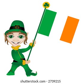 Leprechaun holding an Irish Flag over a white background. Vector Illustration,