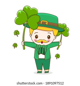 Leprechaun holding leaf Saint patrick day cartoon character isolated on white background.