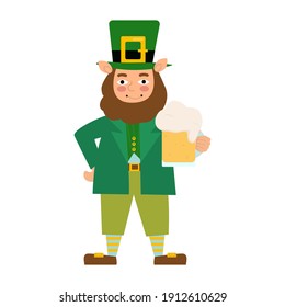 Leprechaun is holding a mug of beer. Vector character St. Patrick's Day isolated on white background.Festive illustration trendy flat cartoon style.