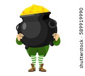 Leprechaun holding pot of gold. Dwarf with red beard and boiler of golden coins. Legendary treasures for lucky. St.Patrick 