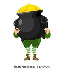 Leprechaun holding pot of gold. Dwarf with red beard and boiler of golden coins. Legendary treasures for lucky. St.Patrick 's Day. Holiday in Ireland
