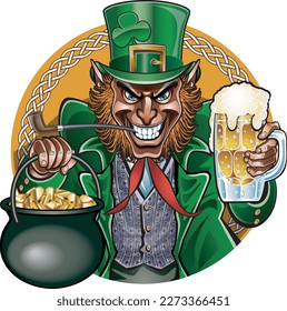 Leprechaun holding a pot of gold and a foaming mug of beer