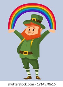 Leprechaun holding rainbow. Fairy tale character in cartoon style.