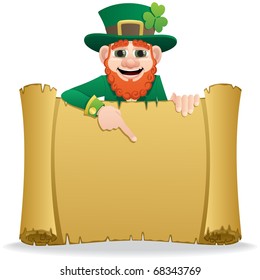 Leprechaun holding scroll with copy space for your text.