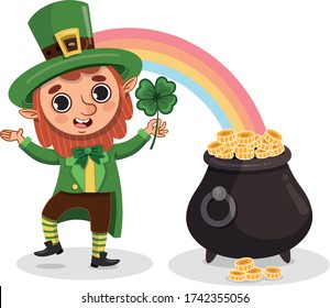 A leprechaun holding a shamrock standing next to a pot of gold under the rainbow. Vector illustration.