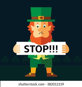 Leprechaun  holding a stop sign. Flat style vector illustration   Symbol Saint Patrick's Day