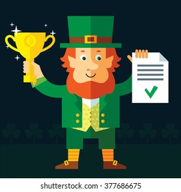 Leprechaun  holding winning trophy and check list. Flat style vector illustration   Symbol Saint Patrick's Day
