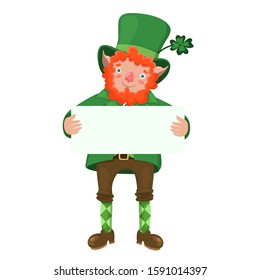 Leprechaun holds a board with place for text. Vector graphics