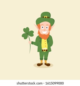 
Leprechaun holds a clover. Flat character. Vector stock illustration. 