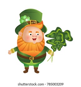 The leprechaun holds a cloverleaf in a green hat and suit. St.Patrick 's Day. Cute vector character, isolated on white background