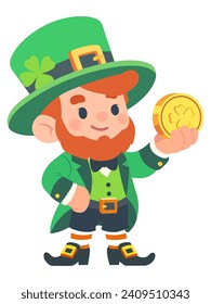 Leprechaun holds a lucky coin in his hand. St. Patrick's Day character. Flat style, cartoon style