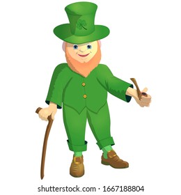 Leprechaun sostiene un tubo y una caña. Ilustración de color del vector. Aislado en el afiche del Día de San Patricio