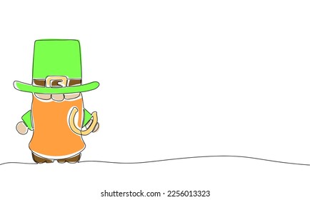 Leprechaun with horseshoe. Line art illustration with color. Outline, one continuous vector illustration. St. Patrick's Day. 17 March. Good luck.