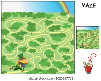 Leprechaun hurries to hide his pot of gold under the rainbow. Educational maze game for children. Cartoon vector illustration