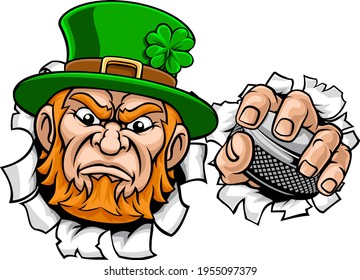A leprechaun ice hockey sports mascot cartoon character holding a puck 