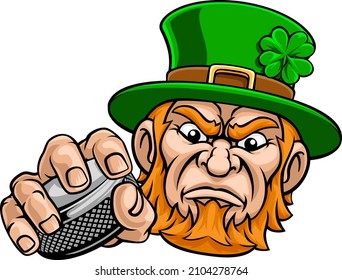 A leprechaun ice hockey sports mascot cartoon character holding a puck