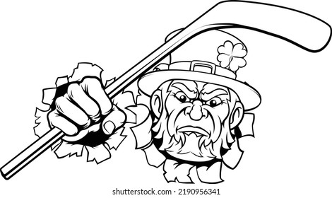 A leprechaun ice hockey sports mascot cartoon character holding a stick