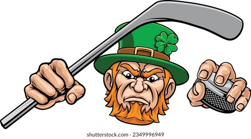 A leprechaun ice hockey sports mascot cartoon character holding a puck and stick