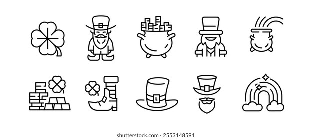 Leprechaun icons. Set of 10 St Patricks Day festive minimal icons. Cross, Leprechaun, Gold Coins, Irish Beer icons. Design signs for web page, mobile app, packaging design. Vector illustration