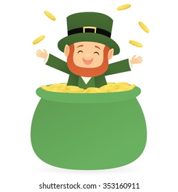 Leprechaun inside of a pot of gold tossing coins into the air