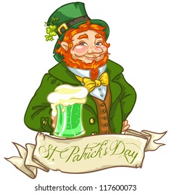 Leprechaun, Irish man with beer, St. Patrick's Day logo design with space for text, isolated