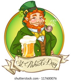 Leprechaun, irlandés con cerveza, diseño del logo de San Patricio con espacio para texto, aislado