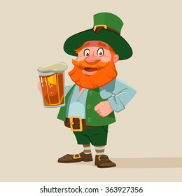 leprechaun, Irish man with beer, St. Patrick's Day design, cartoon character, vector illustration