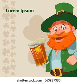 leprechaun, Irish man with beer, St. Patrick's Day design, cartoon character, vector illustration