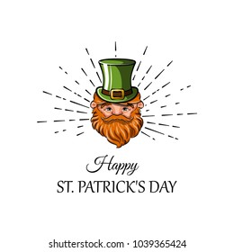 Leprechaun, Irish man head, St. Patrick s Day design, cartoon character portrait. Vector illustration isolated on white background. Beams.