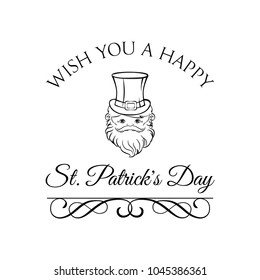 Leprechaun, Irish man head, St. Patrick s Day design. Vector illustration. Swirls, filigree flourish decoration. Ornate frames and wishes.