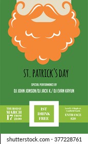 leprechaun or Irish man with mustache and beard for St. Patrick's Day pub or party invitation