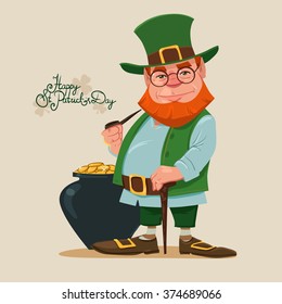 leprechaun, Irish man with stick and pipe, pot of gold, St. Patrick's Day design, cartoon character, vector illustration