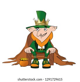 Leprechaun king on the throne with a pot of gold coins Happy St. Patricks Day celebration.