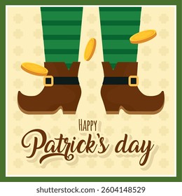 Leprechaun legs with flying golden coins. Vector