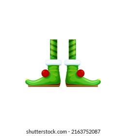 Leprechaun legs, green shoes with red pompom and striped stockings isolated cartoon limbs. Vector cute feet in striped stocking, carnival spring fest costume clothing. Elf or character legs elements