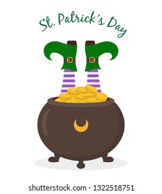 leprechaun legs, pot and  gold coins. Saint Patrick's Day concept. Vector illustration.
