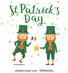 Leprechaun with lettering Saint Patrick Day card. Elements for holidays card, decoration, party, poster. Greeting card for Patrick day. Vector illustration with Leprechaun with beer and flag