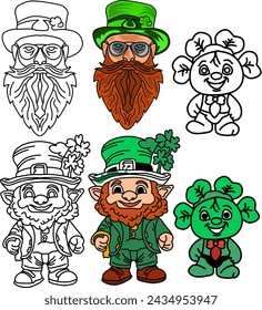 Leprechaun Line Art Mascot and Sticker.The image features a cheerful leprechaun, a mythical creature from Irish folklore. The leprechaun is depicted in a simple 