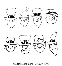 Leprechaun line Irish characters on a white background. Vector set of different leprechauns head. St Patricks day design