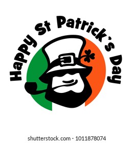 Leprechaun logo on the 
Irish flag background. Face with hat, pipe, and clover. Happy Saint Patrick's Day text. Hand drawn black vector icon isolated on white.
