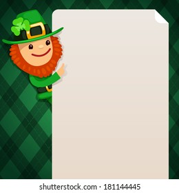 Leprechaun looking at blank poster on green background. In the EPS file, each element is grouped separately. Isolated on white background.