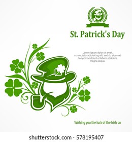 Leprechaun lucky symbols on white. Saint Patricks Day with pipe. Beard. Hat and clover herb design elements. Text. Vector illustration