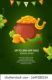 Leprechaun magic pot full of golden coins. Saint Patrick's Day vector holiday poster design.